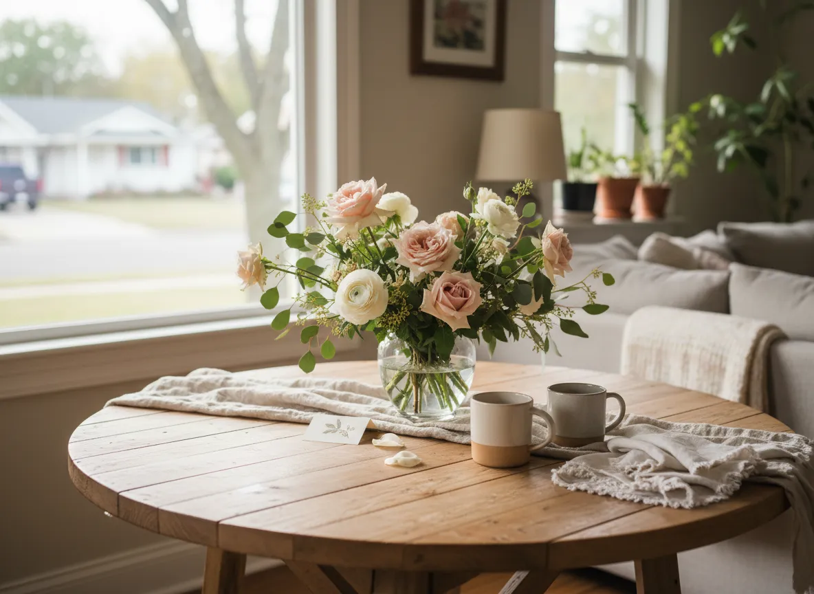 Local home interior with fresh flowers on a table