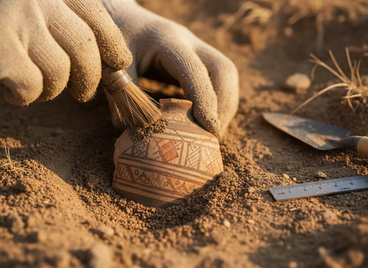 Close-up of gloved hands brushing sand away from a ceramic shard