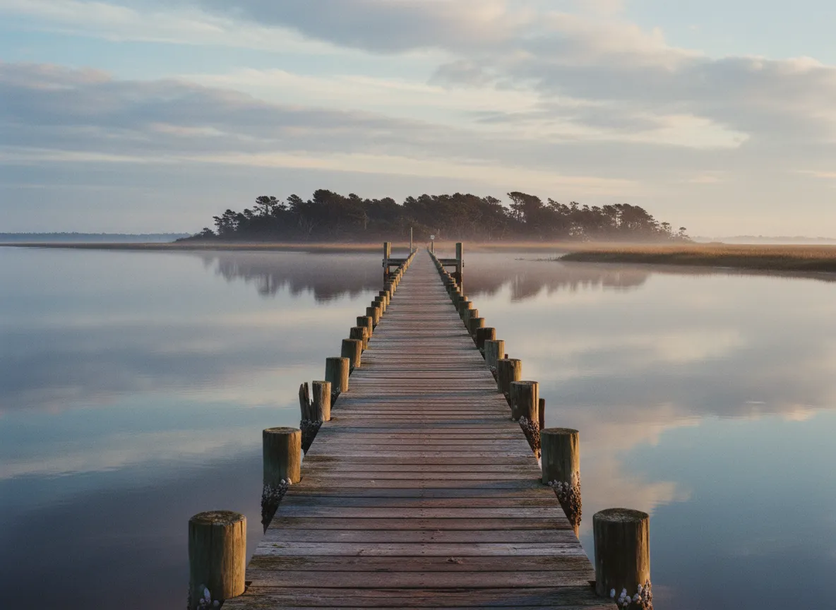 Narrow wooden dock leading out toward a marsh island near Virginia Beach