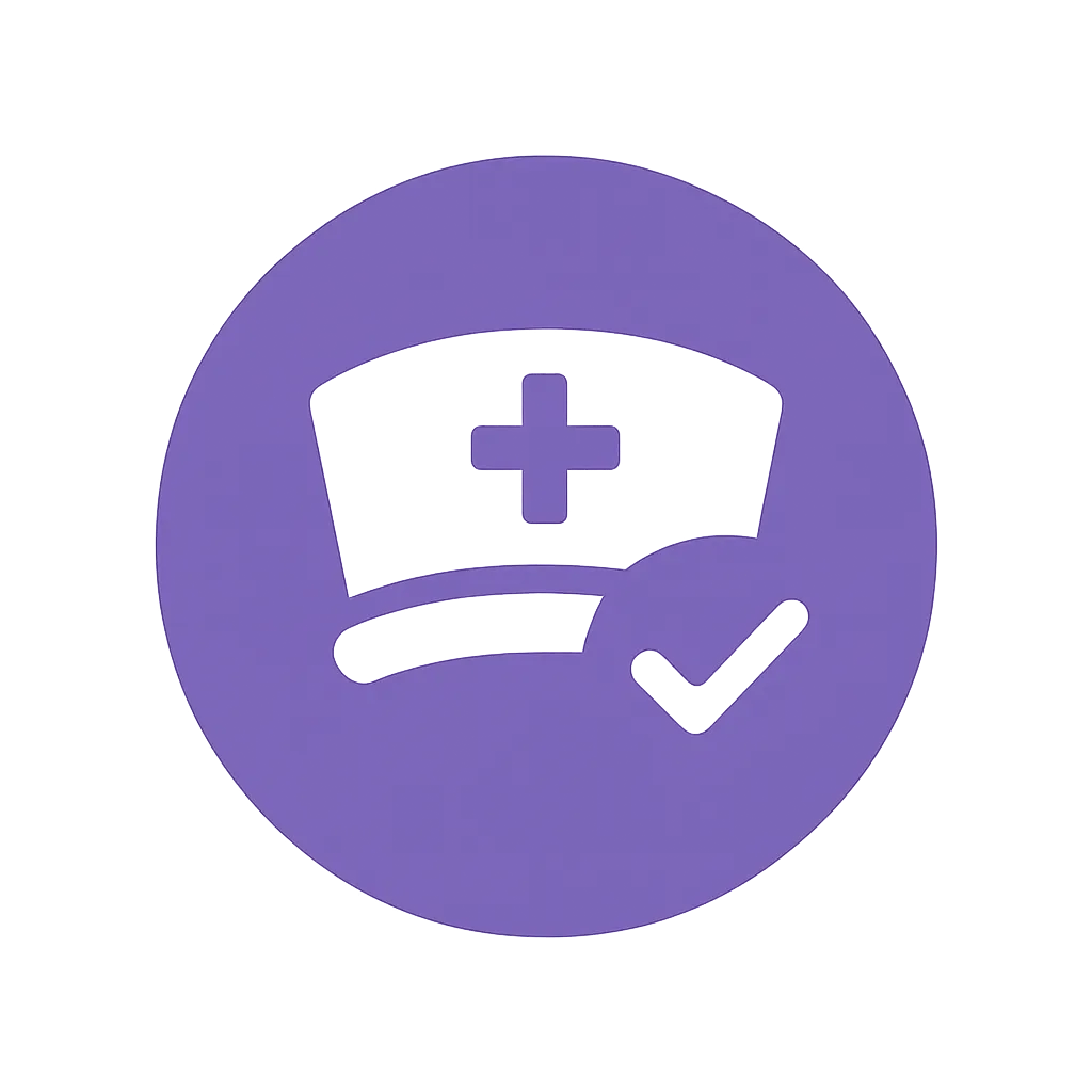 A flat, minimalistic badge icon featuring a stylized nurse's cap and a checkmark, rendered in purple and white, with no background or supporting elements. The icon is perfectly centered and isolated, representing medical expertise and trust.