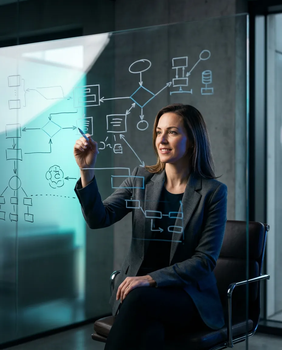 Growth-focused entrepreneur reviewing system architecture and business strategy