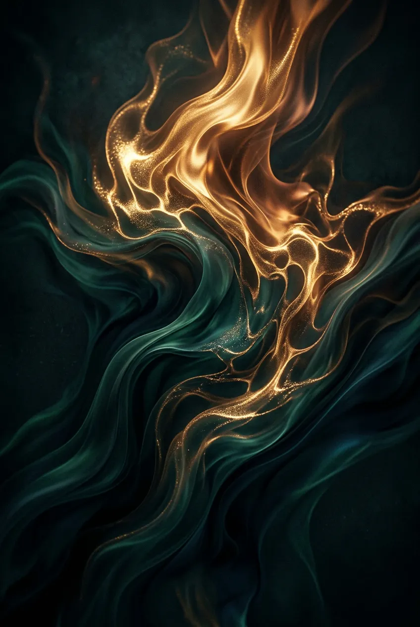 A high-energy visual of fire meeting water, symbolizing alchemical transformation in organic silhouettes with shimmering gold and deep teal.
