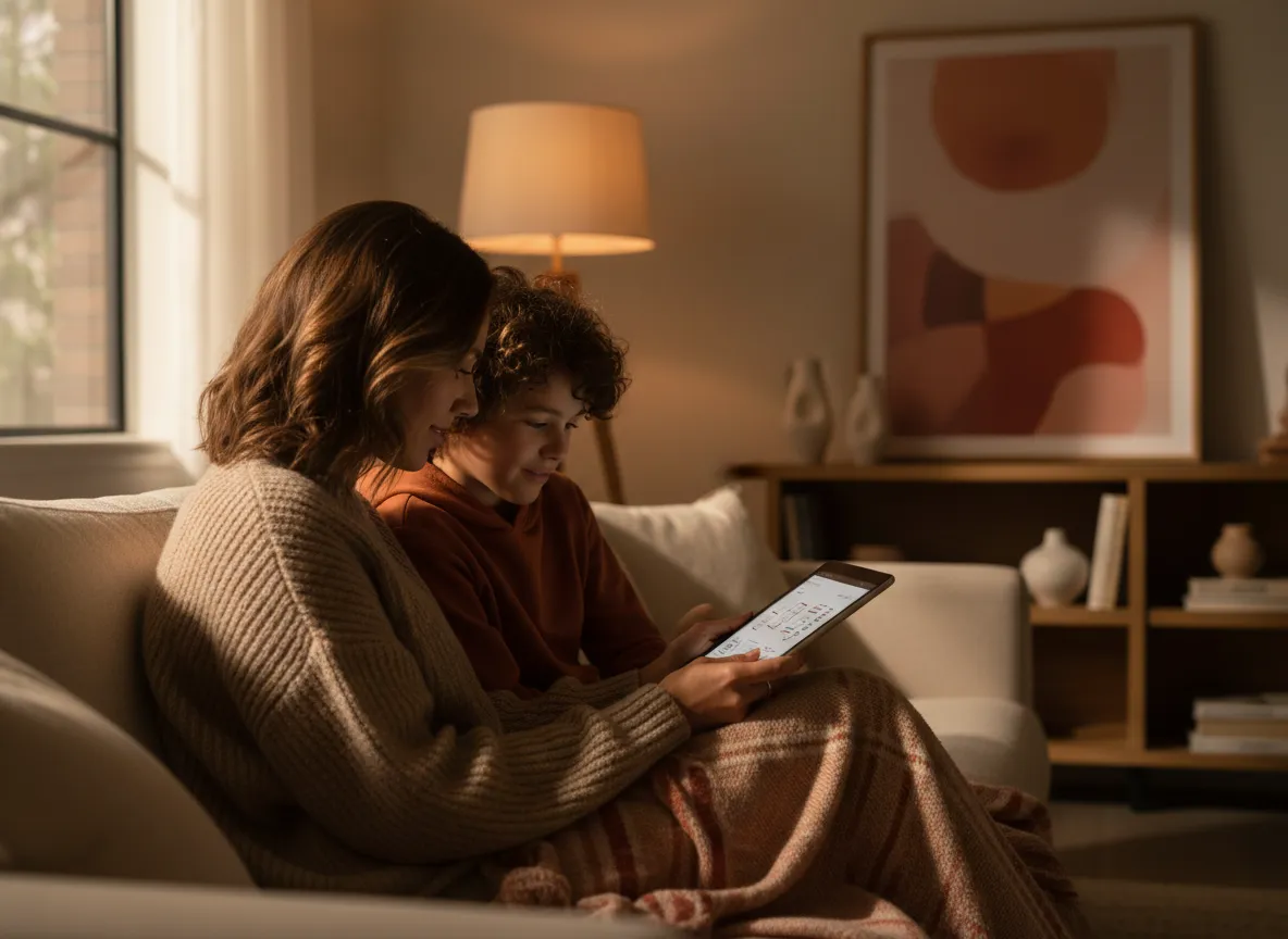 Parent reading Devil in the Living Room guide on a tablet next to a child