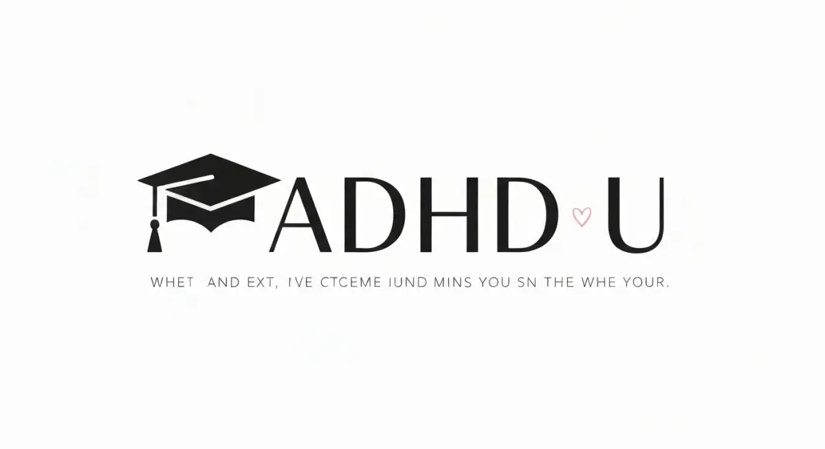 Graduation cap icon next to 'ADHD U' typography with a sub-heading and a small pink heart