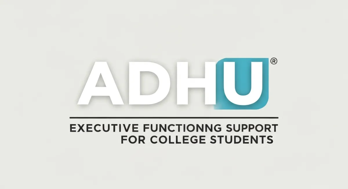 ADHD U logo featuring bold white text 'ADHD' and 'U' with 'EXECUTIVE FUNCTIONING SUPPORT FOR COLLEGE STUDENTS' beneath.