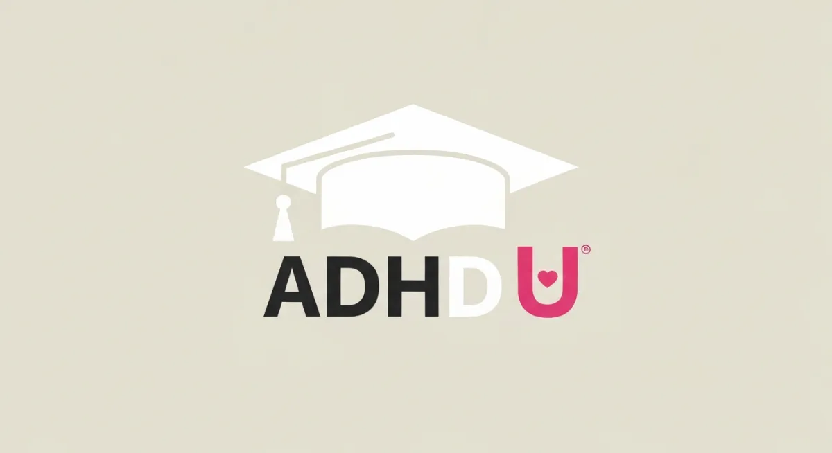 White version of the graduation cap logo with 'ADHD U' typography and a small pink heart