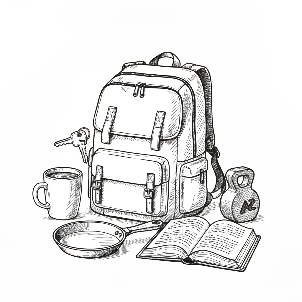 Hand-drawn sketch of a backpack surrounded by a coffee mug, keys, pan, weight, and open book.