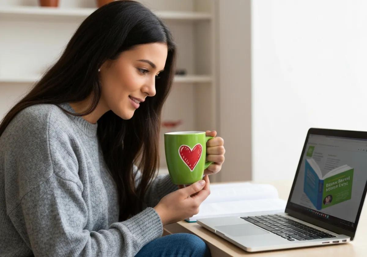 Female student studying in front of an open laptop, holding a green mug, with a hand-drawn heart accent on the corner.