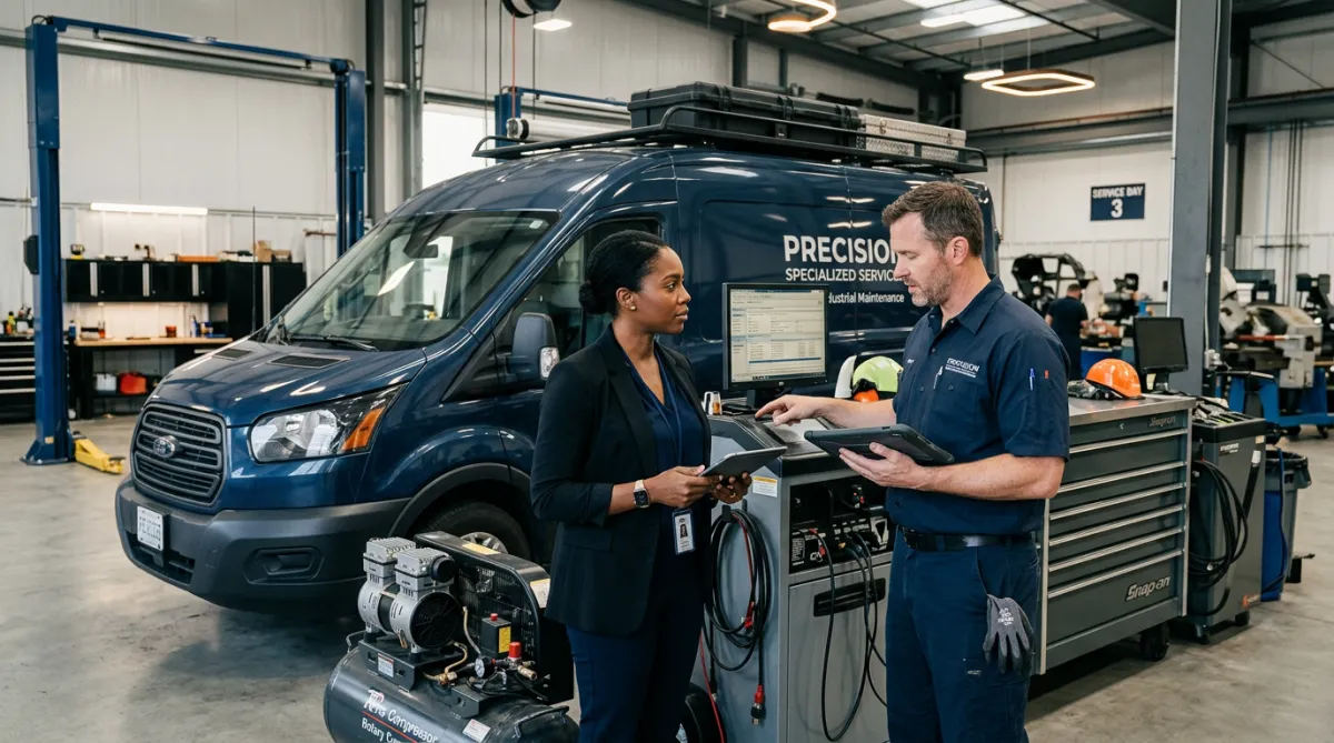 Small business owner and technician in a modern service garage reviewing commercial equipment and a work vehicle (equipment financing concept)