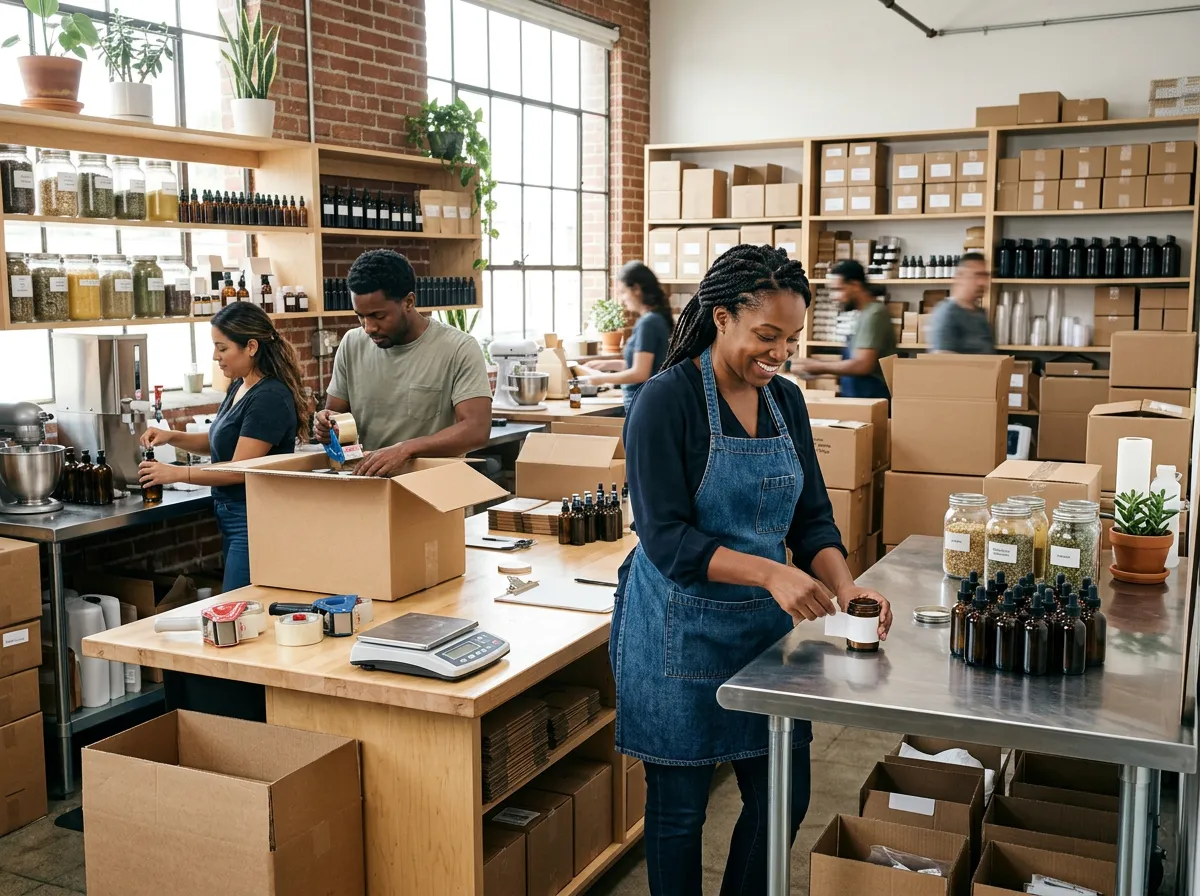 Black woman business owner working inside an established small business operation with a diverse team, equipment, inventory, and shipping supplies in a modern professional workspace