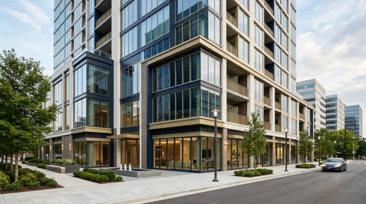 Modern upscale commercial or multifamily real estate property — contemporary architecture, professional business setting (no people).