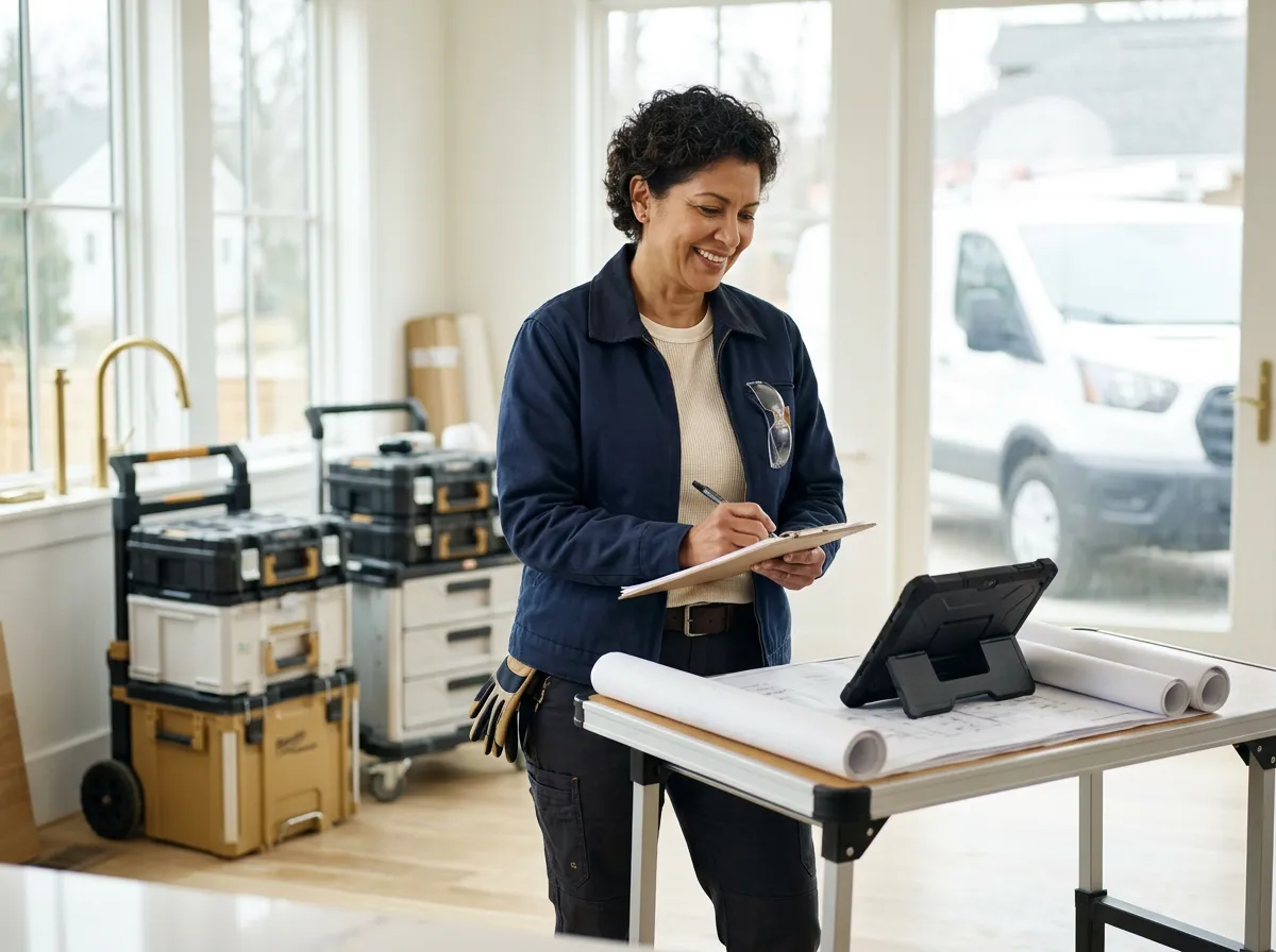 Bright, professional skilled-trades contractor/small business owner in a clean work environment with tools and a service vehicle in the background