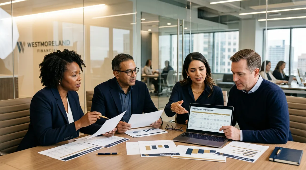 Commercial office with finance directors analyzing operational cashflow