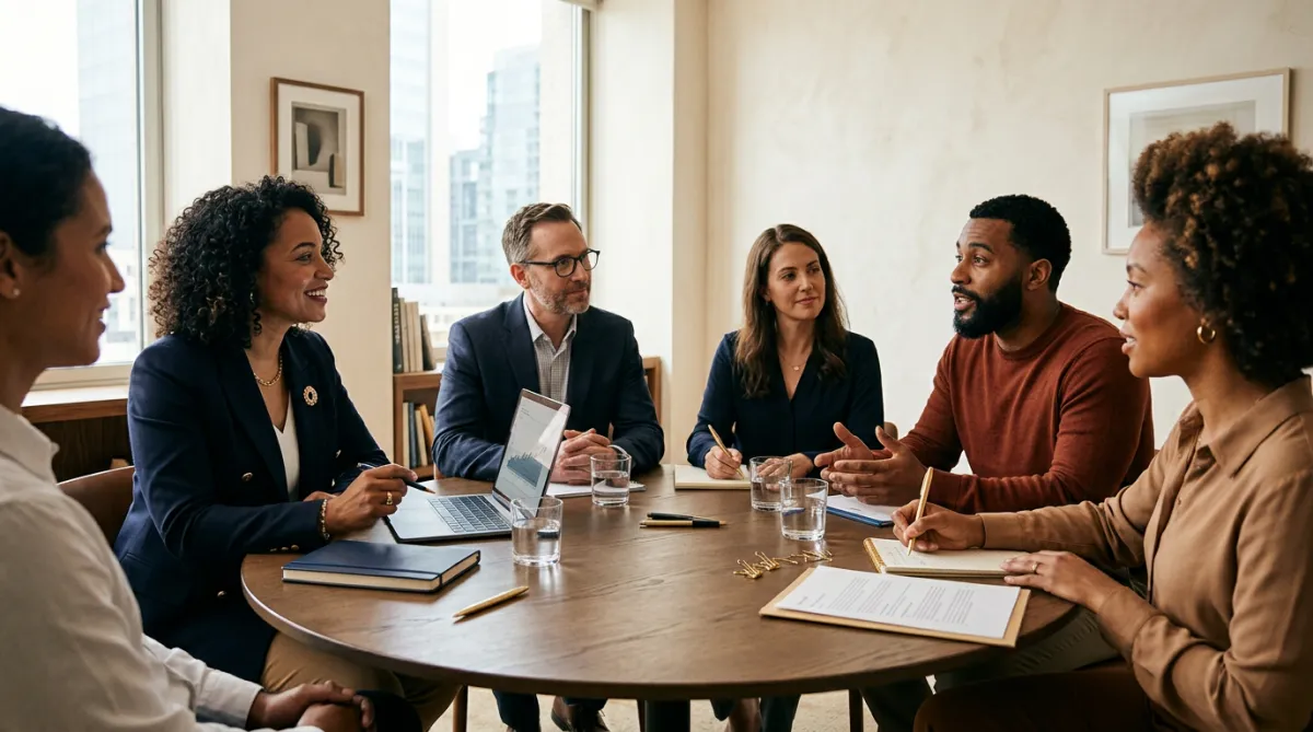 Corporate boardroom consultation with small business owners