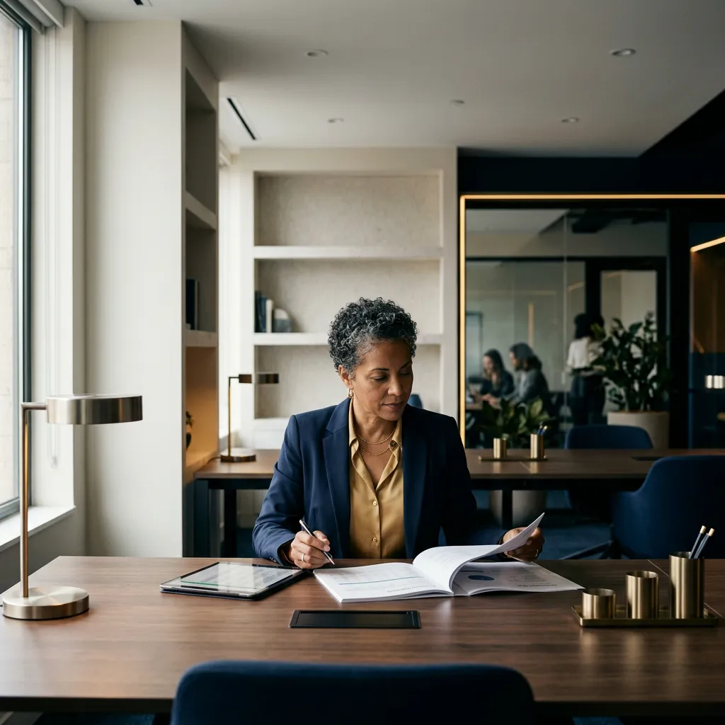 Diverse commercial business owner reviewing financial operations in modern professional workspace