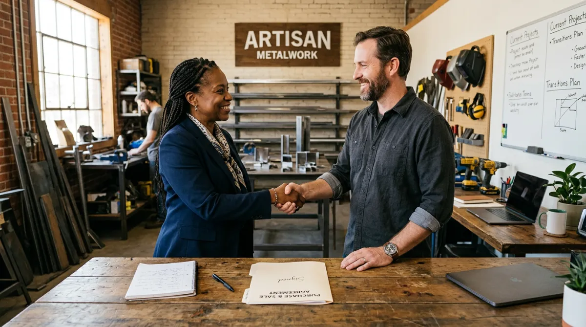 Business acquisition and ownership transition meeting with small-business owners shaking hands in a real business setting