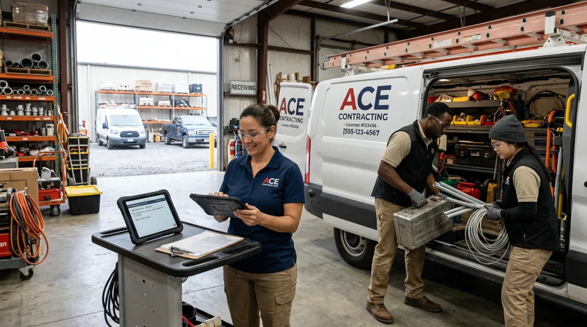 Active small contractor business operation with owner reviewing work orders while technicians prepare equipment