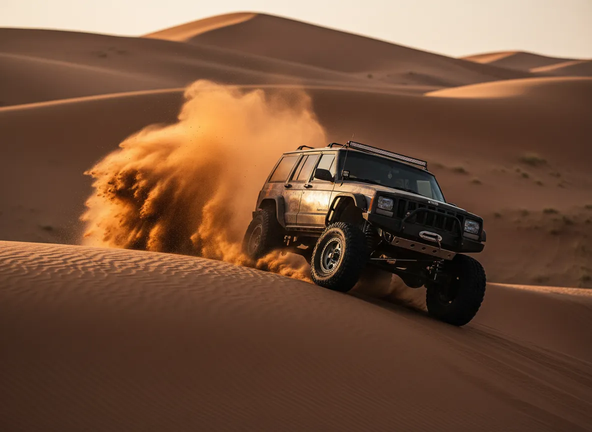 Kalahari Plaas Ferrari Jeep XJ dune shot
