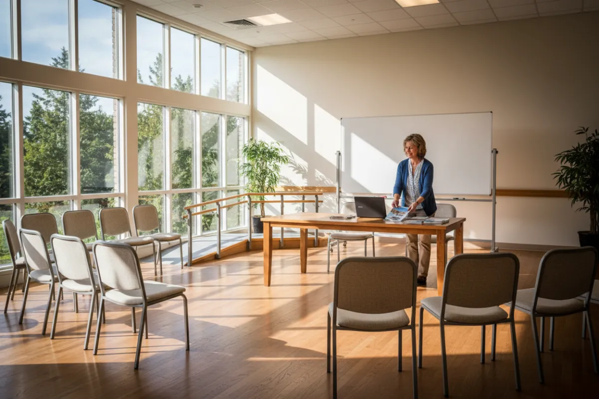 Bright community center room set up for a morning Medicare workshop.