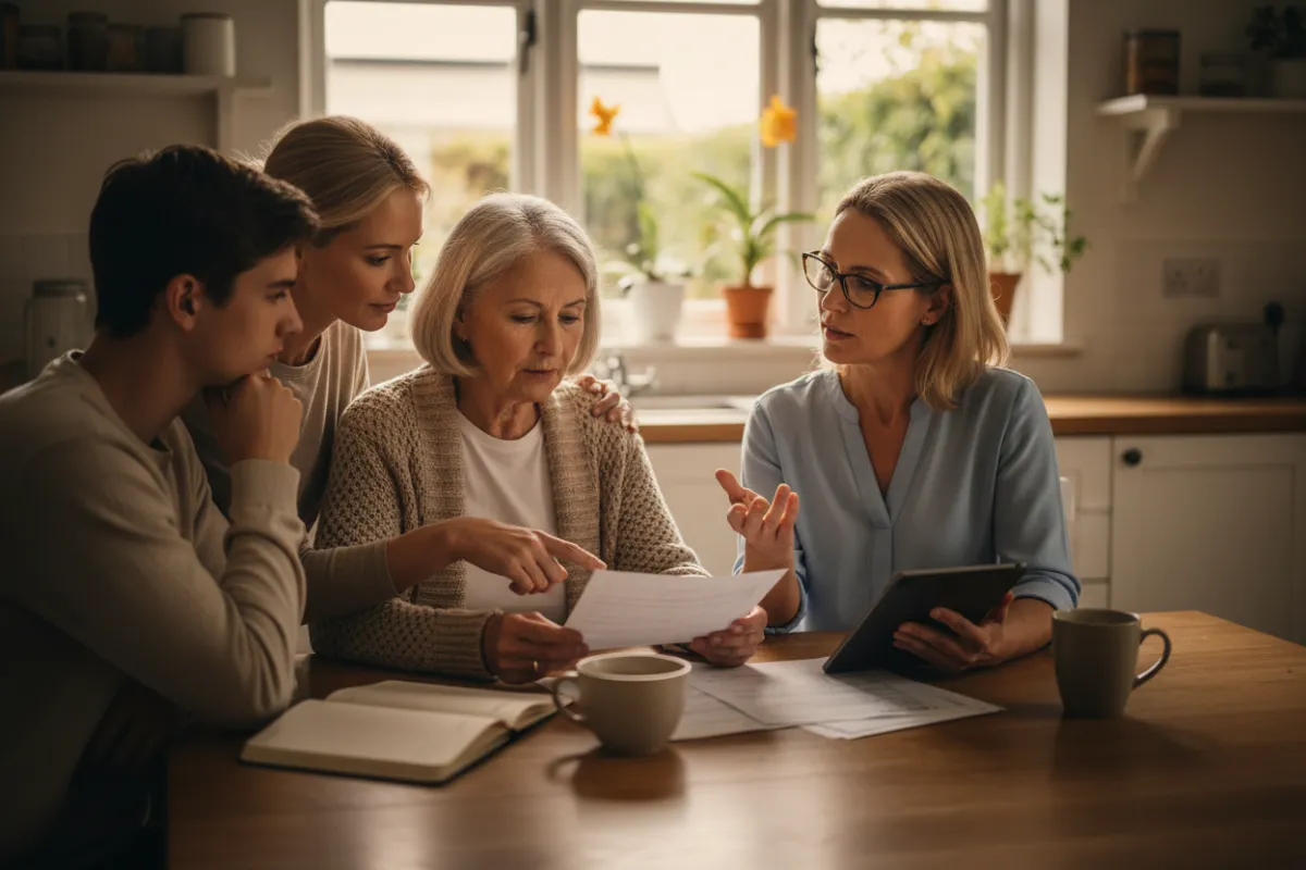 Three-generation family with an educator reviewing documents at a kitchen table