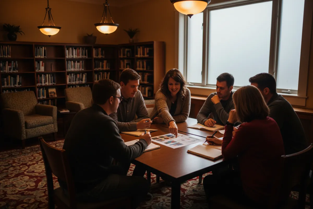 Cozy public library meeting room with a small Medicare info group.