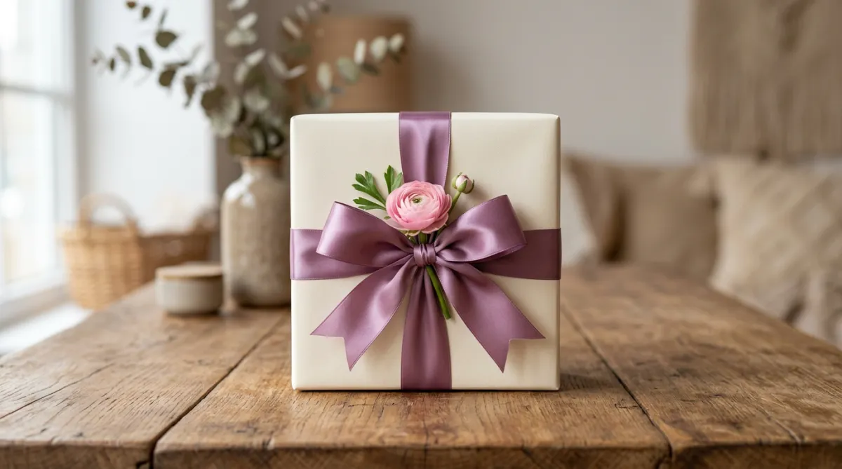 A beautifully wrapped gift box with a large mauve ribbon and a small pink flower on top, sitting on a wooden surface.
