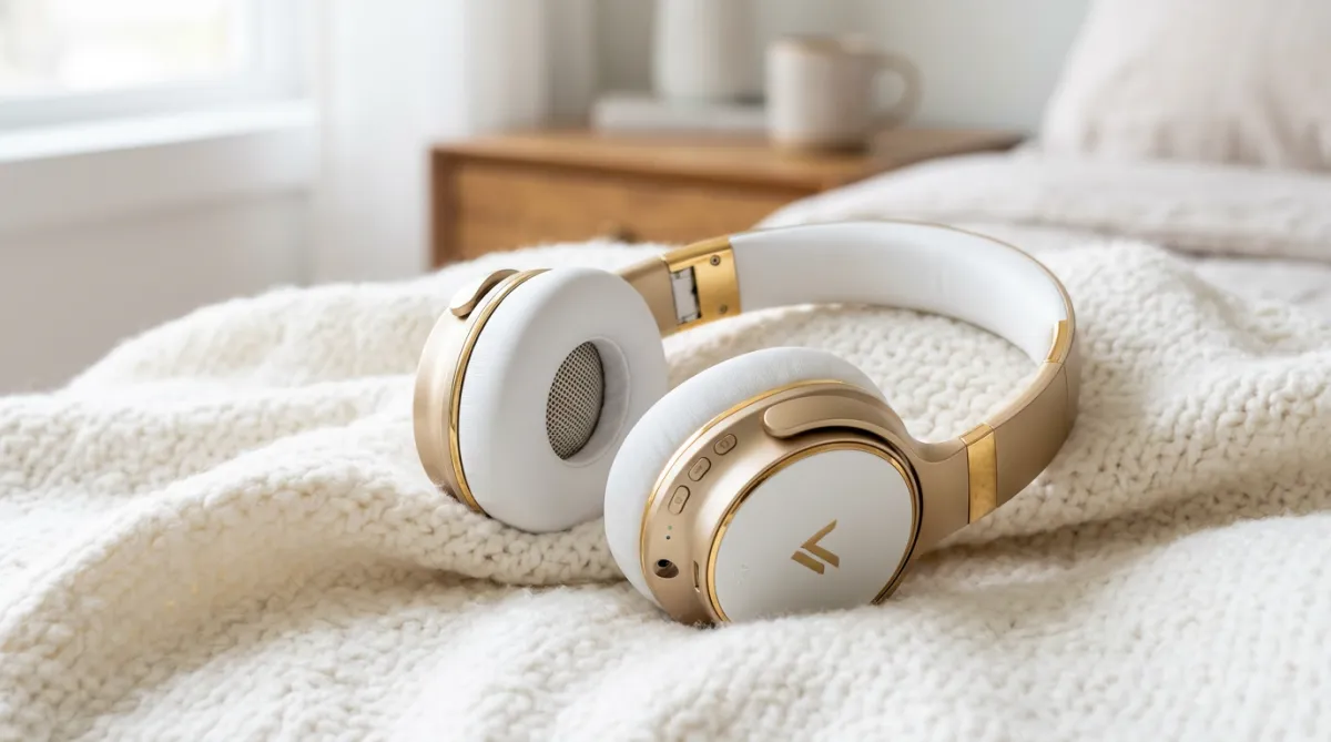 Gold and white wireless headphones resting on top of a soft white blanket or fabric.