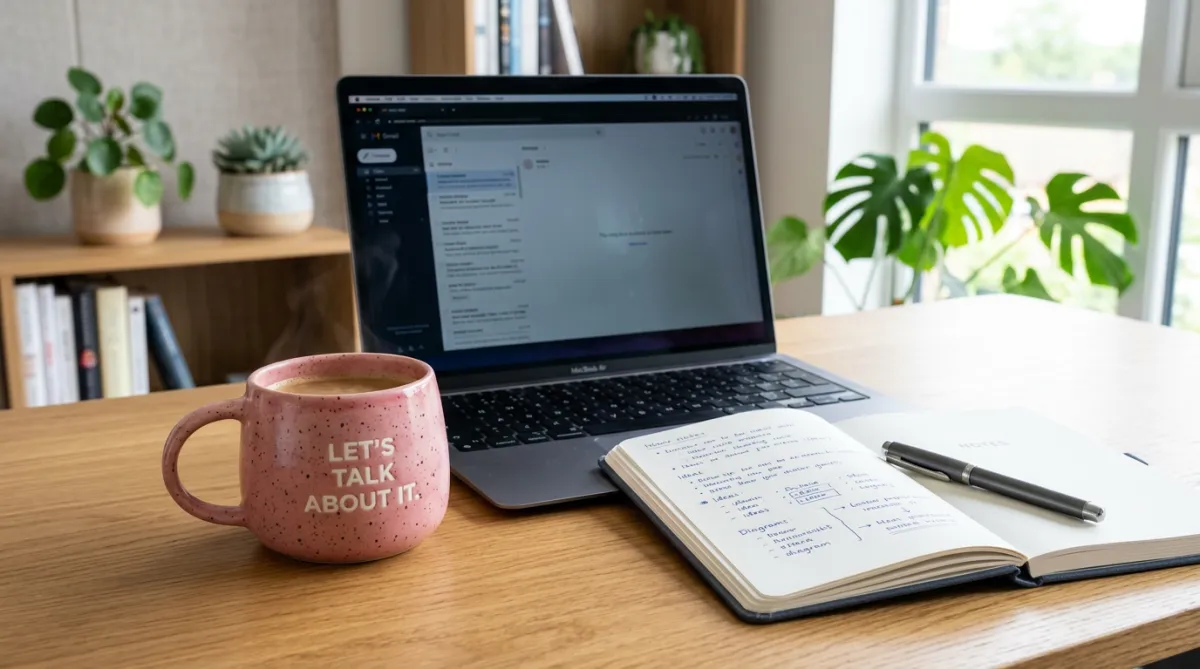 A pink speckled mug reading 'Let's talk about it.' sitting on a desk next to a laptop and a notebook with a pen.