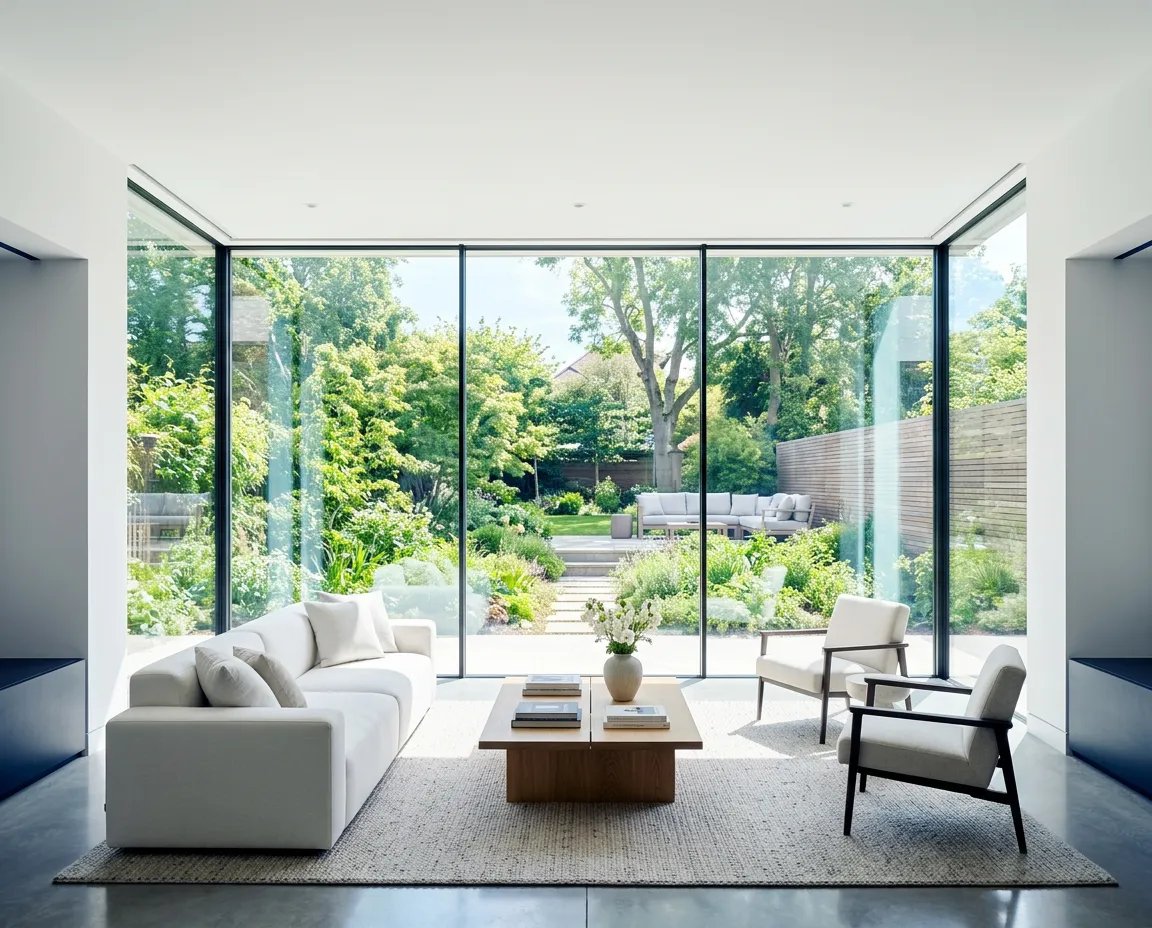 Sun-drenched living room with pristine crystal clear panoramic windows overlooking green nature