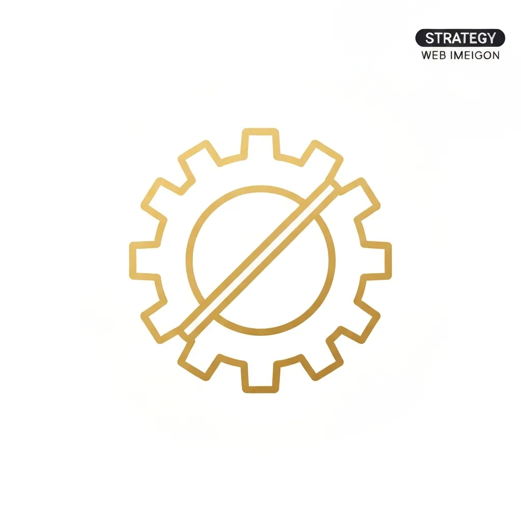 Outline icon showing a gear with a diagonal line through it, representing strategy or process, gold color