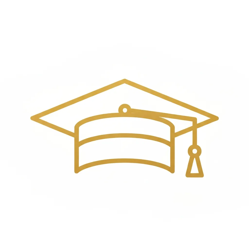 Outline icon showing a graduation cap, representing education, gold color