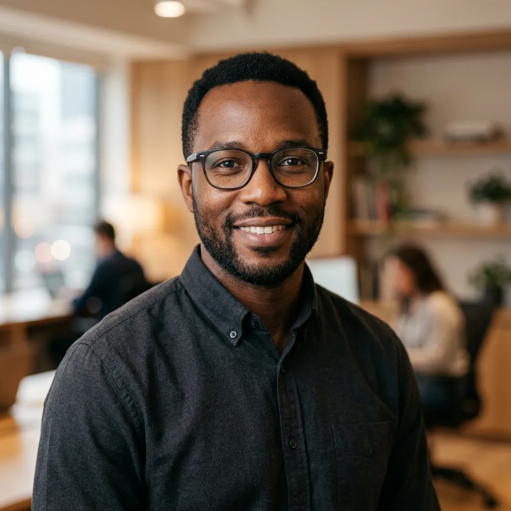 Headshot portrait of a Black man with glasses in a dark shirt, soft warm lighting