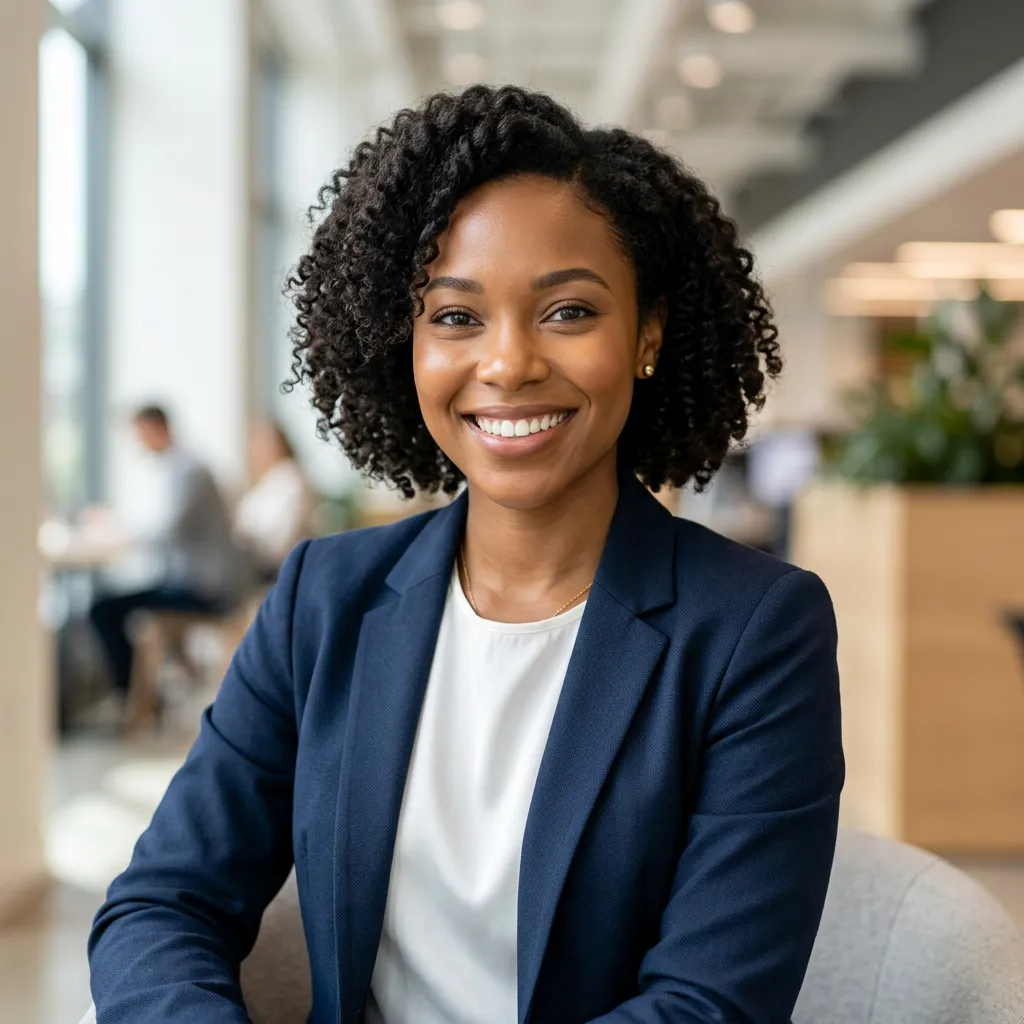 Headshot portrait of a smiling Black woman in professional attire, soft lighting