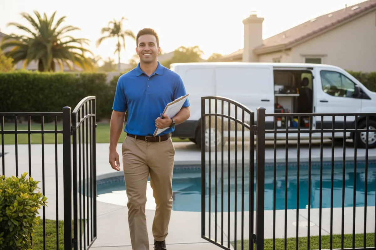 Technician carrying a service clipboard walking toward a suburban pool gate with a service van visible in the background.
