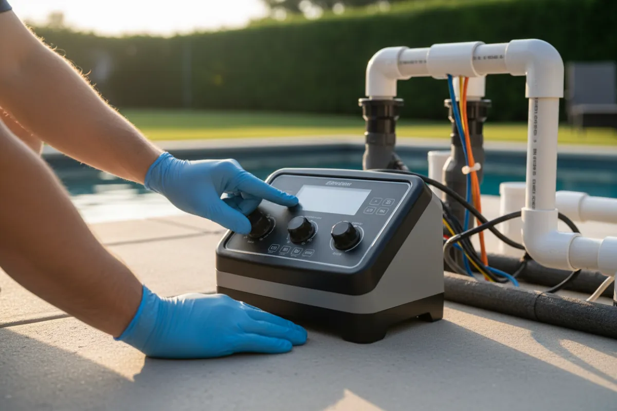 Technician adjusting a pool automation controller on an equipment pad