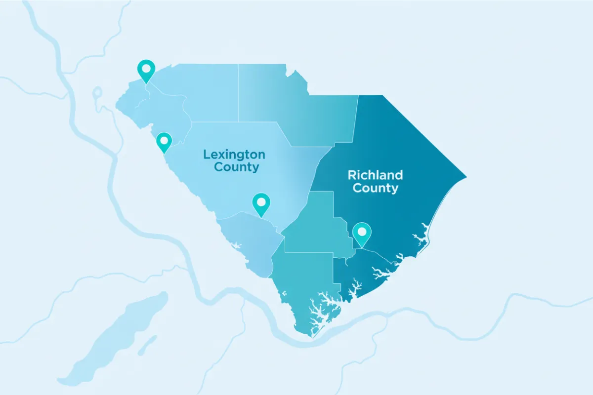 Service area map for Palmetto Pool Solutions in Lexington, SC and Richland Counties SC