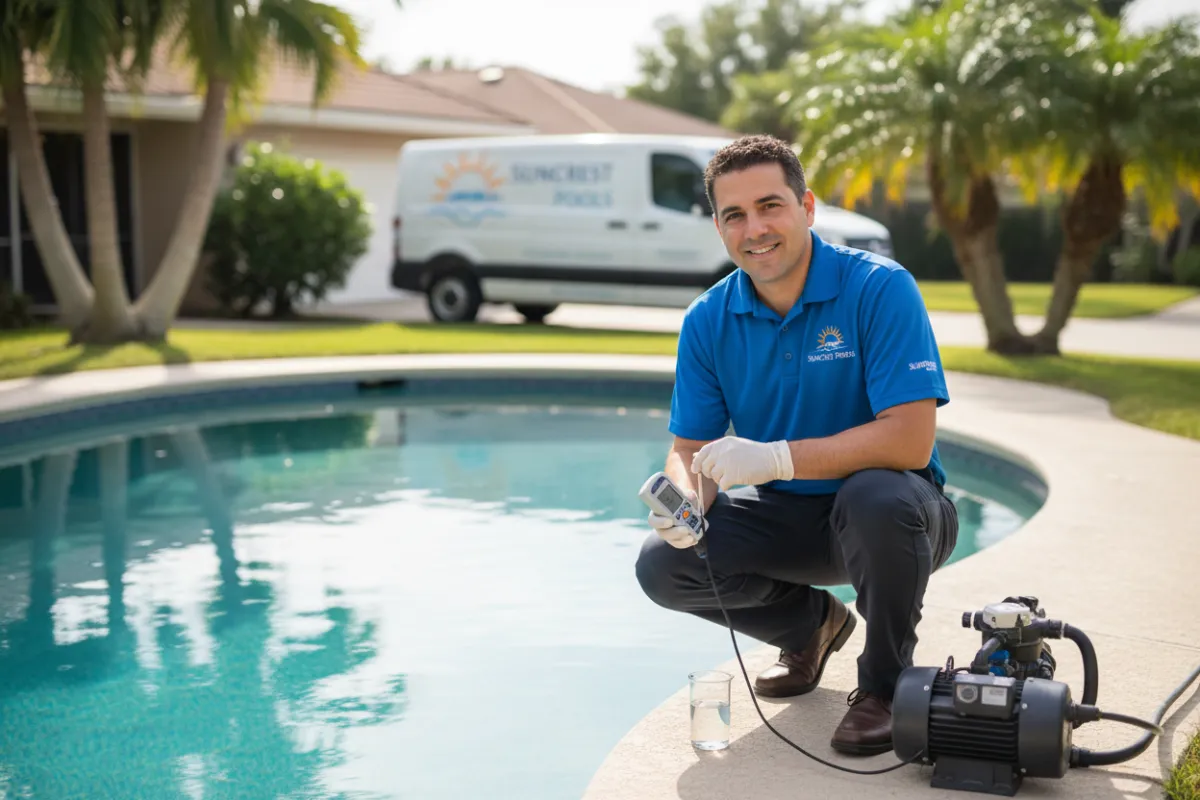 Suncrest Pools technician checking water chemistry at a residential pool in daylight.
