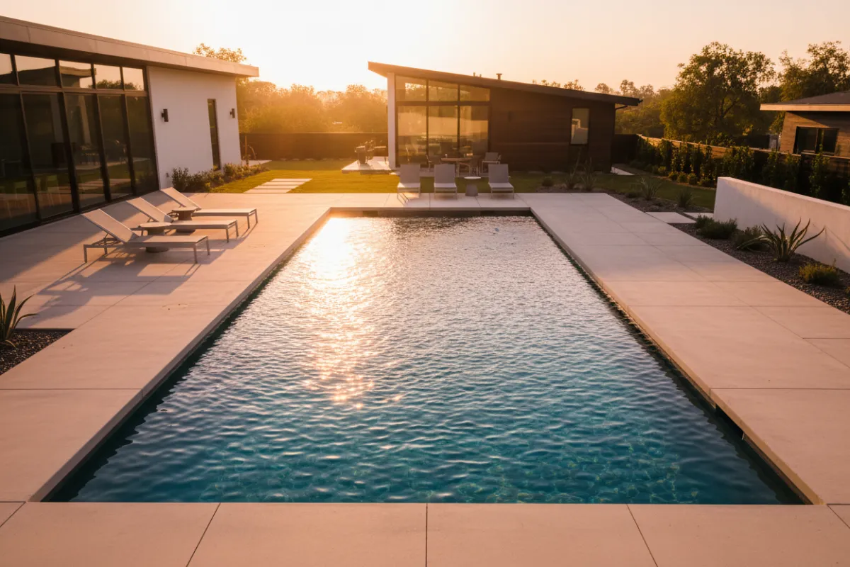 Aerial view of a clean residential backyard pool at golden hour with sparkling blue water and modern home.