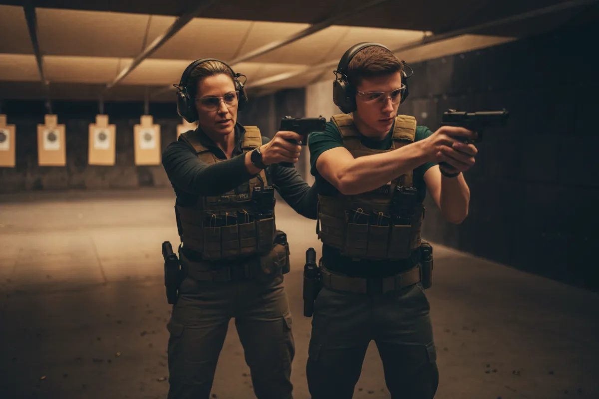 Firearms instructor coaching a student at an indoor range, both wearing eye and ear protection, demonstrating proper stance and safe handling