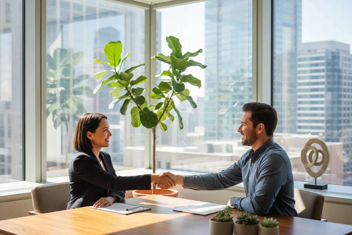 A business consultant shakes hands with a client in a sunlit office. The scene shows trust and partnership, with both individuals smiling. The office features modern decor, plants, and a city view through large windows.