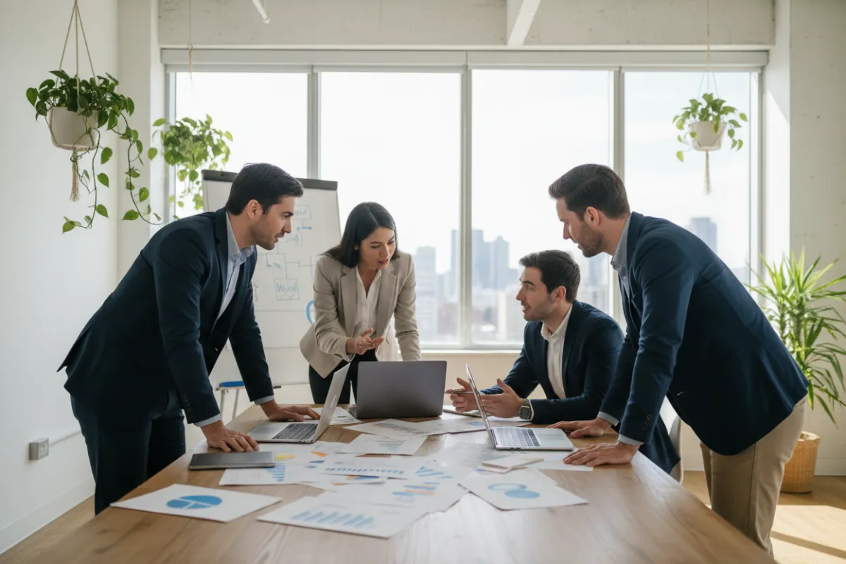 A diverse team of consultants collaborates around a table covered with business plans and laptops. The setting is a bright, open workspace with plants and large windows. The group is mid-discussion, reflecting teamwork and strategic thinking.