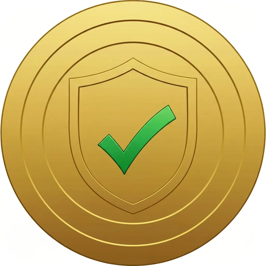 Gold shield icon with a checkmark in the center, enclosed in a circle.