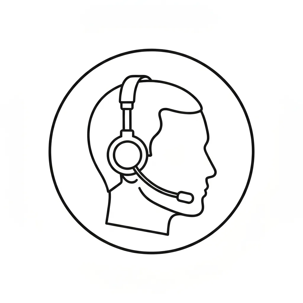 Outline illustration of a person's head with a headset, inside a circle.