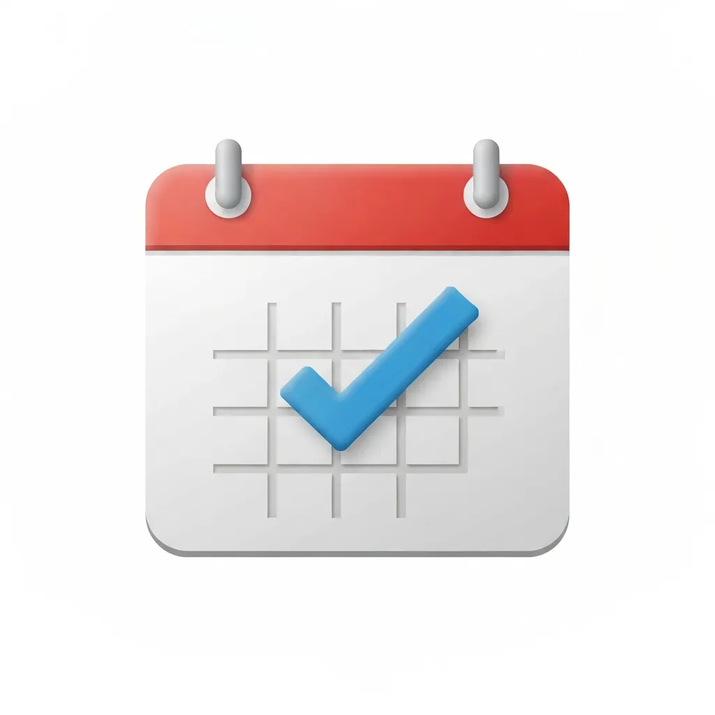 Calendar icon with a blue checkmark badge.