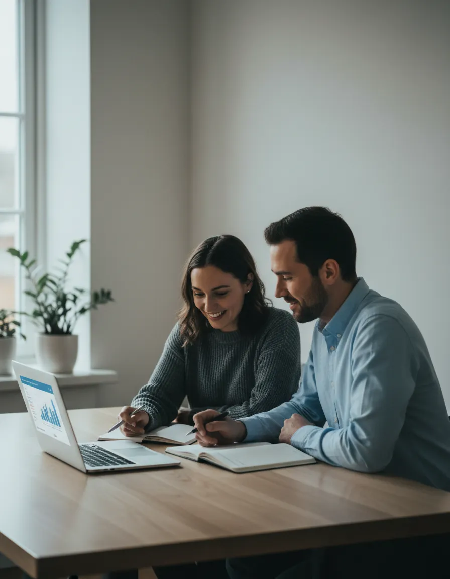 Small business owner meeting with a friendly coach reviewing notes at a table