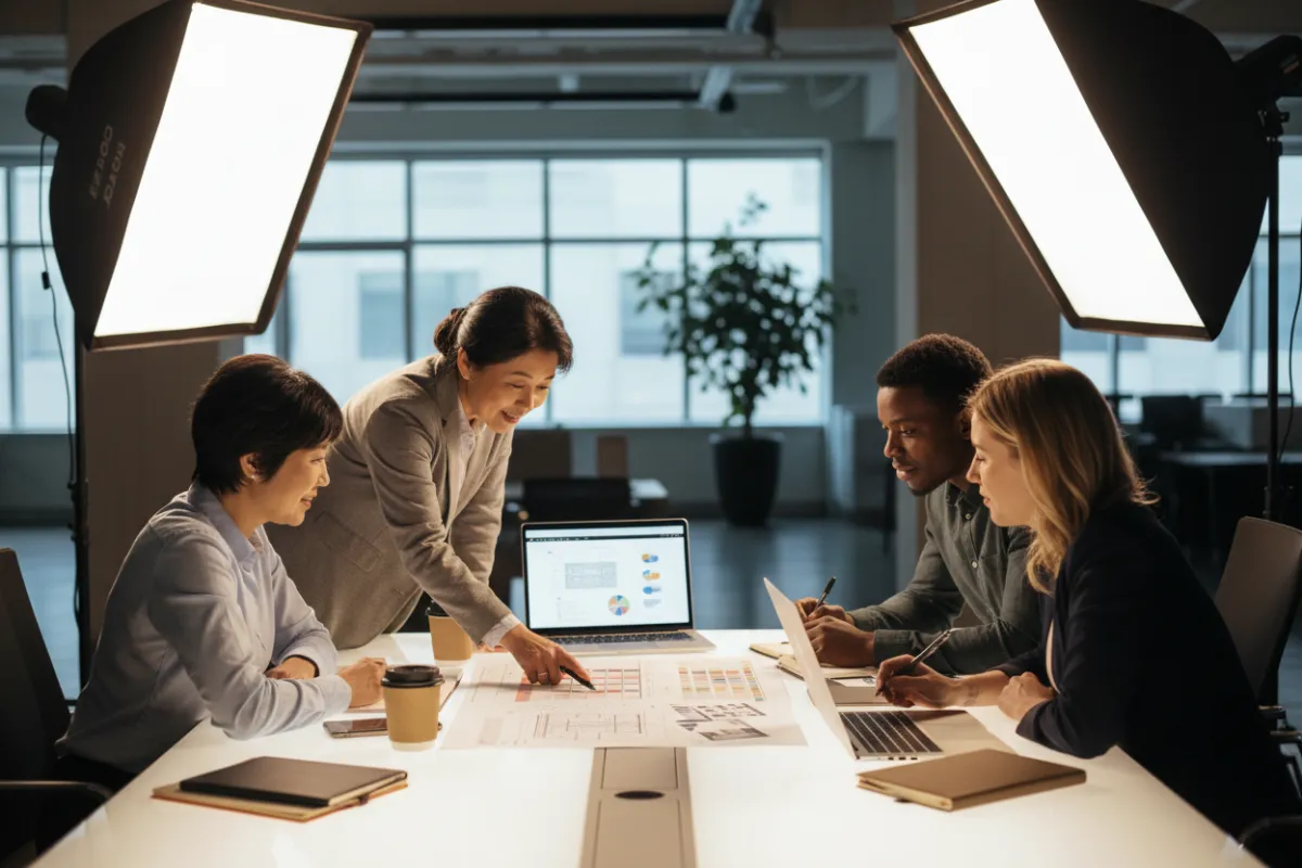 A focused scene of a mixed-age, diverse group of four real estate professionals collaborating around a bright conference table with laptops and printed templates, warm studio light, candid photorealistic style that emphasizes collaboration and productivity.