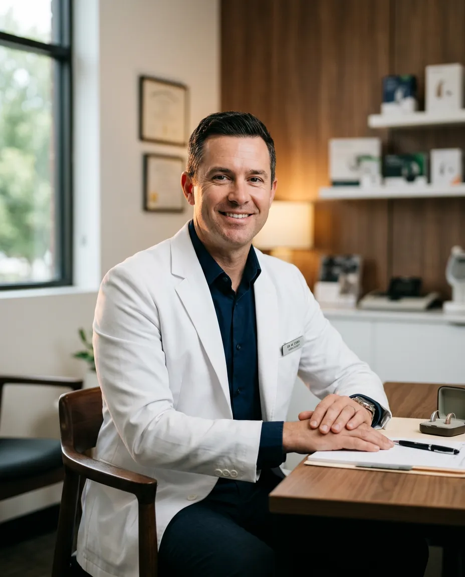 Dr. Layne Garrett Au.D. in clinic consulting with patients in Utah