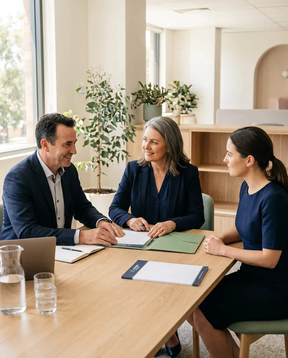 Professional and calm financial advisory consultation in a modern Australian corporate setting