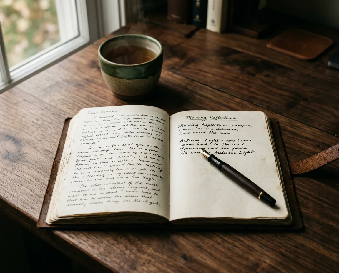 A warm-lit wooden desk with an open handwritten journal, fountain pen, and quiet study setting