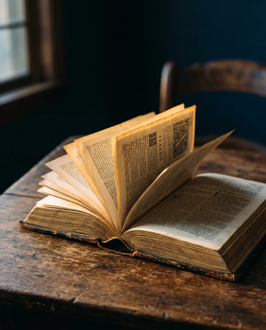 Open historic Bible with warm morning sunlight illuminating ancient pages with soft film grain texture